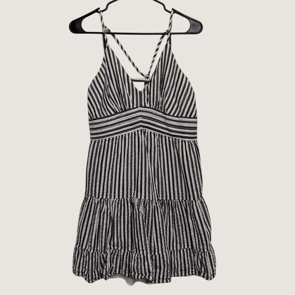 American Eagle Striped Cotton‎ Linen Tiered Mini Dress Navy White Medium